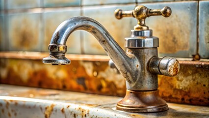 Poster - A vintage chrome faucet with a rusted finish, resting on a chipped and stained porcelain sink