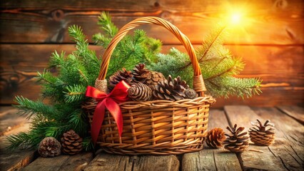 Poster - A Rustic Basket Filled with Evergreen Branches and Pine Cones, Illuminated by Warm Sunlight on a Wooden Background