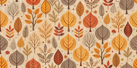 Naklejka na meble A seamless pattern of stylized autumn trees and leaves, featuring a range of warm colors and textures, creating a visually captivating and inviting design.
