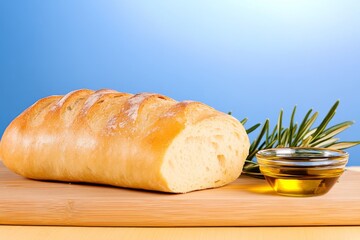 Wall Mural - A crusty ciabatta loaf resting on a breadboard with a small dish of olive oil and balsamic vinegar for dipping