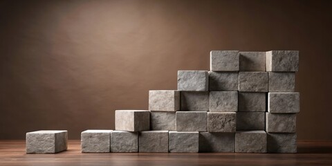 Aufkleber - A Stack of Stone Cubes on a Wooden Surface in Front of a Neutral Brown Background