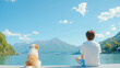 © niwat - back view of unrecognizable female tourist sitting on the floor looking at the lake with cute calm dog
