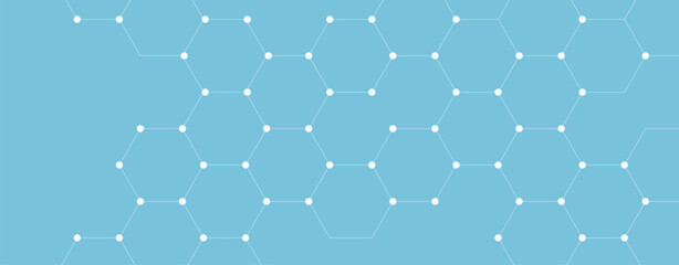 Fototapete - Blue banner with hexagon technology shape. Global connection with lines and dots. Digital geometric abstract background. Technology abstract lines and dots connect background with hexagons