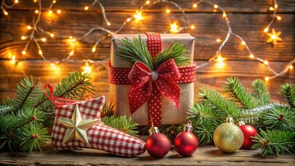 Poster - A beautifully wrapped gift with a red bow and a festive star ornament, surrounded by evergreen branches and warm string lights, creating a magical Christmas atmosphere.