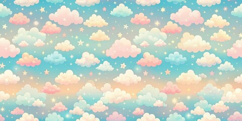 Wall Mural - Retro inspired sky pattern with pastel hues and cloud motifs, retro, vintage, sky, pattern, background, clouds, pastel colors