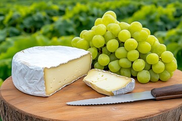 Wall Mural - A rustic scene of bread and cheese, with a wooden board holding a fresh loaf, a wedge of brie, and a knife