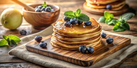 Poster - A stack of fluffy pancakes topped with fresh blueberries and mint leaves, resting on a rustic wooden cutting board