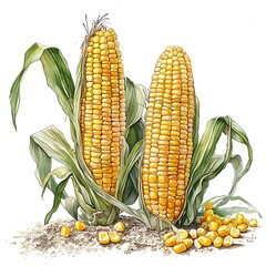 Wall Mural - Two ears of ripe corn on the cob with kernels scattered on the ground, watercolor painting style.