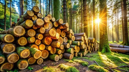 Poster - Sunlight streams through a dense forest, illuminating a stack of felled logs covered in moss.