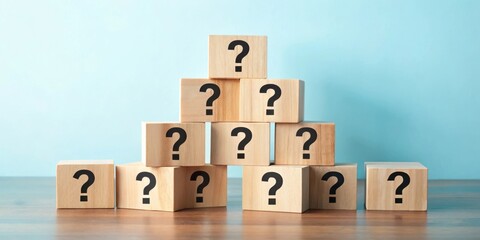 Poster - A pyramid of wooden blocks with question marks symbolizing the unknown and the quest for answers.