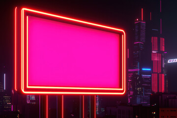 Wall Mural - vibrant neon billboard glowing in city skyline at night, surrounded by modern skyscrapers and colorful lights, creates energetic urban atmosphere