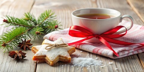 Poster - A Cozy Winter Treat with a Star-Shaped Cookie, a Cup of Warm Tea, and Festive Red Ribbon