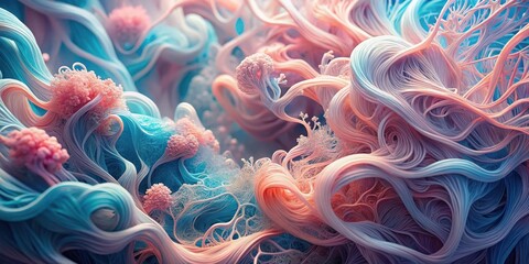 Poster - A vibrant abstract depiction of intertwined threads and swirling tendrils in blue and pink hues, creating an ethereal and otherworldly landscape.