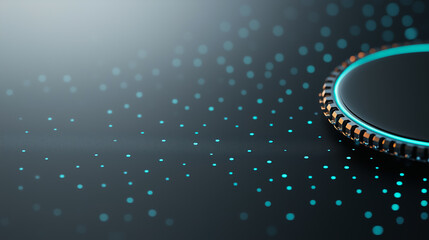 Poster - Black Surface with Embossed Shape and Turquoise Illuminated Trim. Tech Background with Neon Circle 