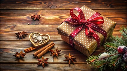 Poster - A festive gift box with red polka dot ribbon and a sprig of evergreen on a rustic wooden background