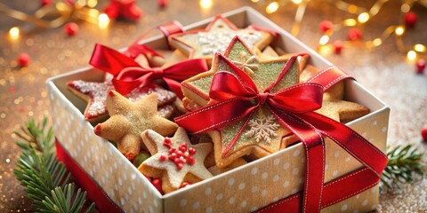 Poster - A Box of Star-Shaped Cookies Adorned with a Festive Red Bow and Gleaming with Festive Lights