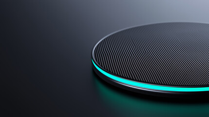 Poster - Black Surface with Embossed Shape and Turquoise Illuminated Trim. Tech Background with Neon Circle 