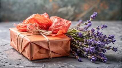 Poster - A rustic brown gift box tied with twine and topped with orange tissue paper, resting next to a bouquet of fragrant lavender blooms.