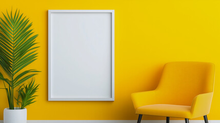 Poster - Blank frame mockup in dark interior room with bright yellow furniture 