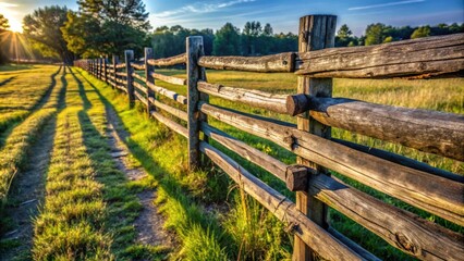 Poster - A Rustic Wooden Fence Extends Through a Field, Bathed in the Golden Hues of the Setting Sun, Casting Long Shadows on the Grassy Ground