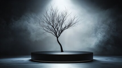 Black bare tree silhouette over a metallic podium, dramatic lighting and texture for an intense visual impact