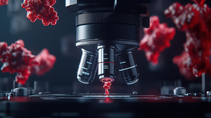 Poster - closeup of microscope analyzing intricate red particles, showcasing detailed scientific exploration 