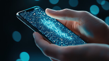 Poster - Closeup of hand holding smartphone displaying glowing data patterns, showcasing technology and innovation in vibrant, digital environment