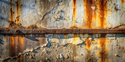 Poster - a rusty metal bar divides a cracked and peeling concrete surface, revealing the layers of time and n