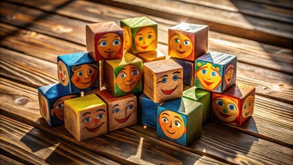 Aufkleber - Wooden Blocks with Painted Smiling Faces Arranged in a Stack on a Rustic Wooden Surface