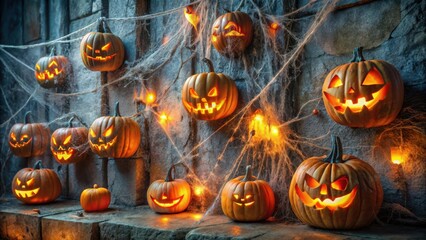 Poster - A row of illuminated jack-o'-lanterns adorn a stone wall, their eerie smiles glowing through the dimly lit cobwebs
