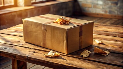 Poster - A simple brown cardboard box sits on a rustic wooden table, surrounded by pieces of crumpled paper, bathed in the soft light of the setting sun.