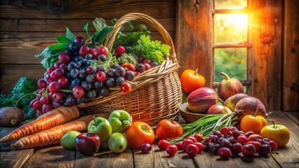 Poster - A bountiful harvest of fresh fruits and vegetables, bursting with vibrant colors, fills a rustic wicker basket, creating a symphony of nature's bounty, capturing the essence of autumn's abundance.