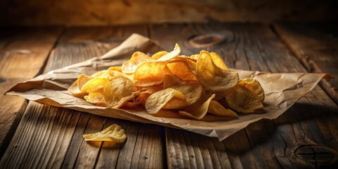 Poster - A pile of golden potato chips, scattered on a piece of brown paper, rests on a rustic wooden surface, illuminated by a warm light.