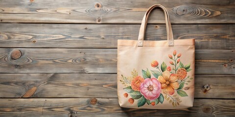 Poster - A floral tote bag with a soft, earthy color palette rests on a rustic wooden surface, showcasing a natural and elegant design.