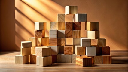 Poster - A geometric arrangement of natural wood blocks, illuminated by warm sunlight, creates a sense of simplicity and serenity.