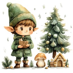 Wall Mural - Adorable Watercolor Elf Carrying a Gift Near a Decorated Christmas Tree and Cozy Cottage.