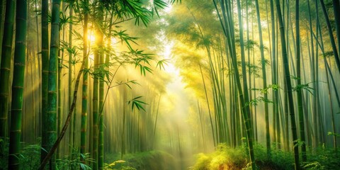 Poster - Golden Sunlight Filtering Through a Dense Bamboo Forest, Creating a Mystical and Tranquil Atmosphere