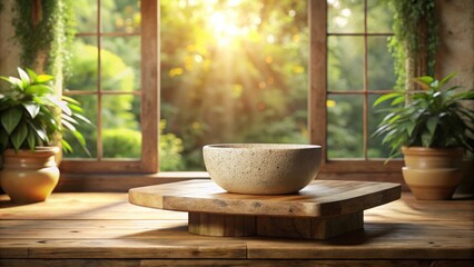 Fototapete - A rustic wooden table with a natural stone bowl on a wooden stand and potted plants near a window with bright sunlight streaming through the glass.