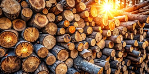 Aufkleber - A stack of wooden logs with the sun shining through the gaps, casting warm light on the wood