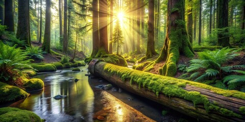 Poster - A sunbeam pierces through the dense canopy of a lush forest, illuminating a tranquil stream that winds its way through the undergrowth, revealing a scene of serene natural beauty.