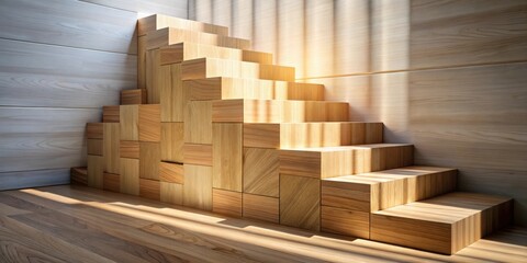 Aufkleber - A minimalist staircase crafted from natural wooden blocks bathed in warm sunlight, creating a sense of tranquility and simple elegance.