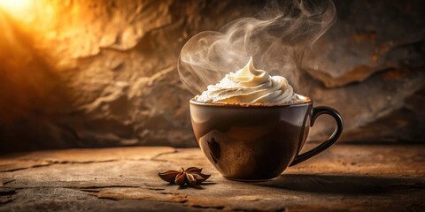 Poster - A Warm Cup of Whipped Coffee with Steam Rising, Set Against a Rough Stone Background