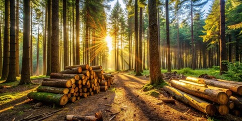 Poster - Sunlight Filtering Through Tall Trees In A Dense Forest With A Pile Of Cut Logs