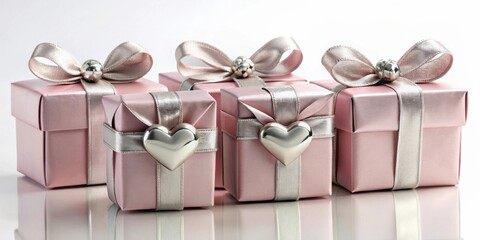 Poster - Pink Gift Boxes Tied With Silver Ribbons And Embellished With Silver Hearts