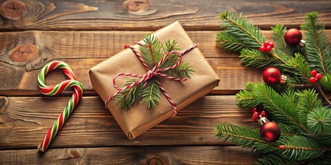 Poster - A Rustic Christmas Scene with a Gift Wrapped in Brown Paper, Tied with a Red and White Striped Ribbon, Decorated with Evergreen Sprigs, and a Candy Cane Resting on a Wooden Surface