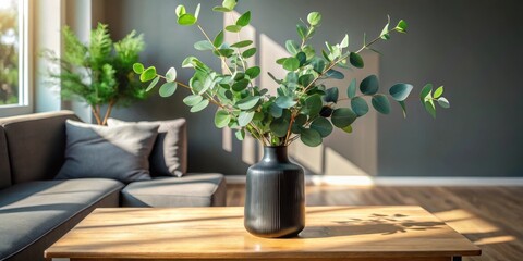 Poster - A Black Vase Filled With Greenery on a Wooden Table in a Modern Living Room