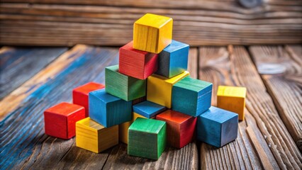 Poster - A pile of colorful wooden blocks stacked in a haphazard arrangement on a weathered wooden surface.
