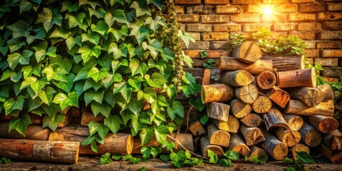 Aufkleber - A brick wall with ivy growing up it, a pile of firewood sits in front of it, the sunlight shines through the leaves of the ivy