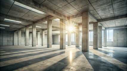 Poster - Sunlight streams through the windows of a vast, unfinished concrete structure, casting long shadows on the empty floor