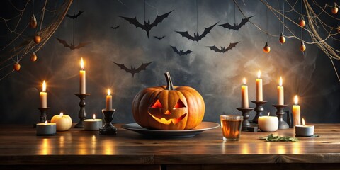 Poster - A flickering jack-o-lantern sits on a wooden table surrounded by lit candles and bats hanging from the ceiling, creating a spooky and festive Halloween ambiance.